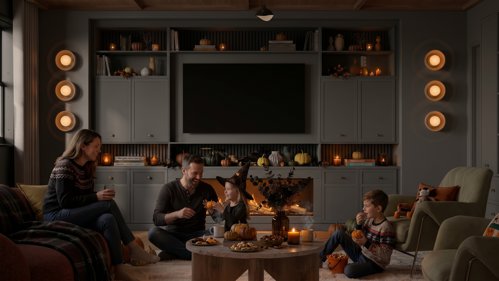 Family in a moody lit living room.