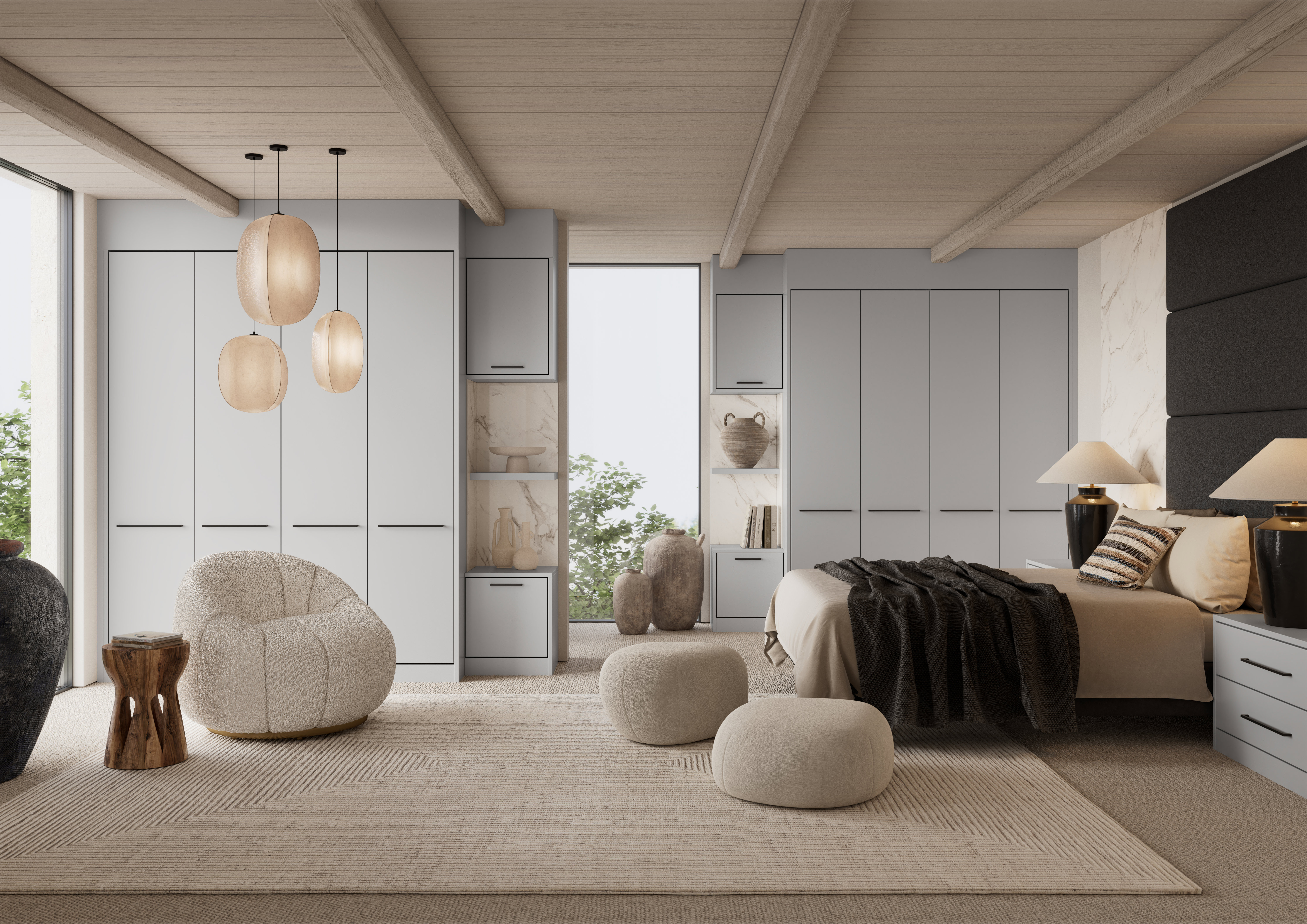 dove grey bedroom with hanging lights and a grey sofa chair