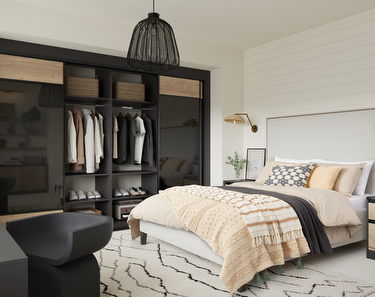 Fitted bedroom furniture in noir glass and tuscan oak