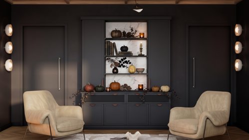 Grey autumnal lounge with pumpkin decorations.