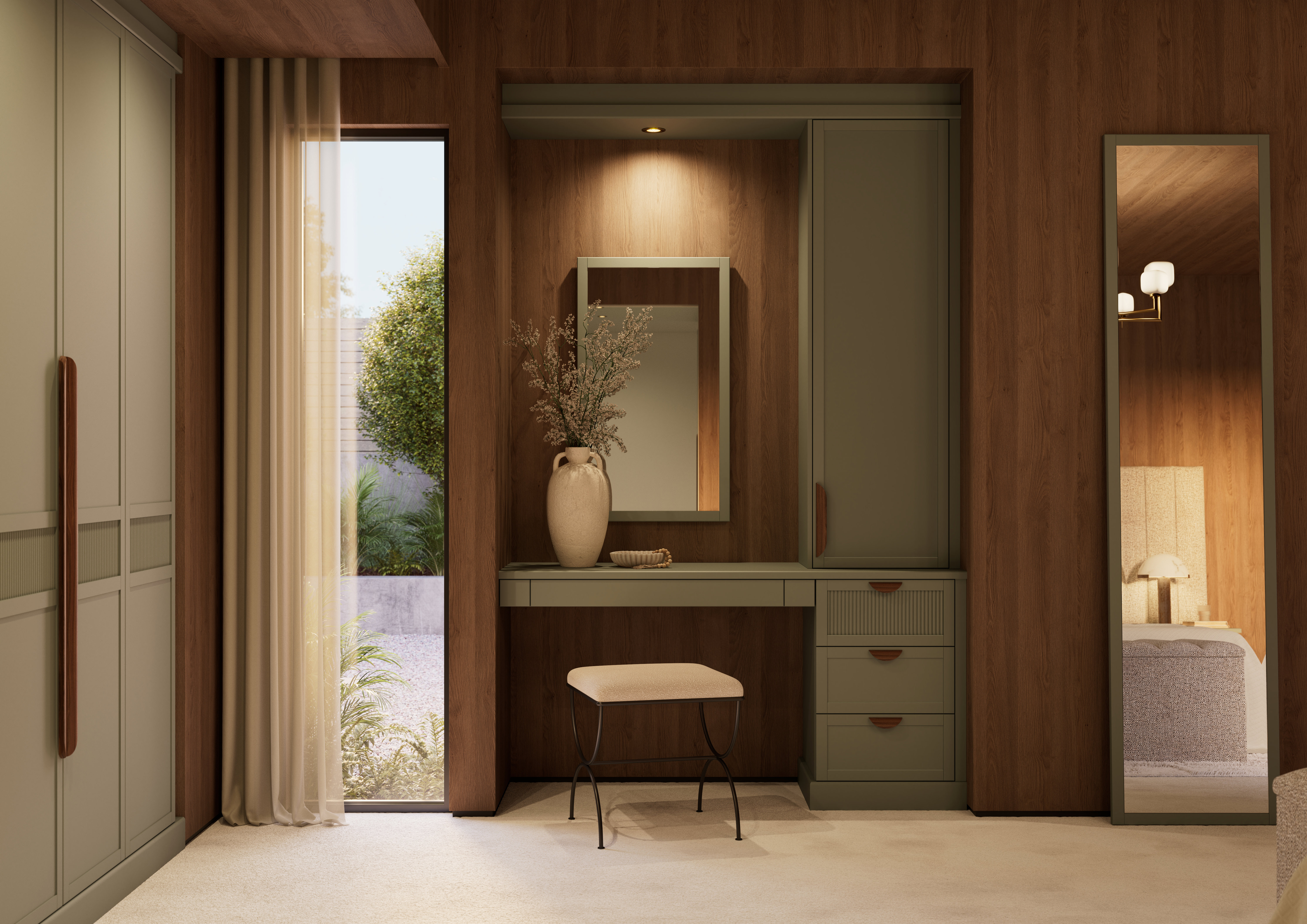 green dressing table with cream stool chair