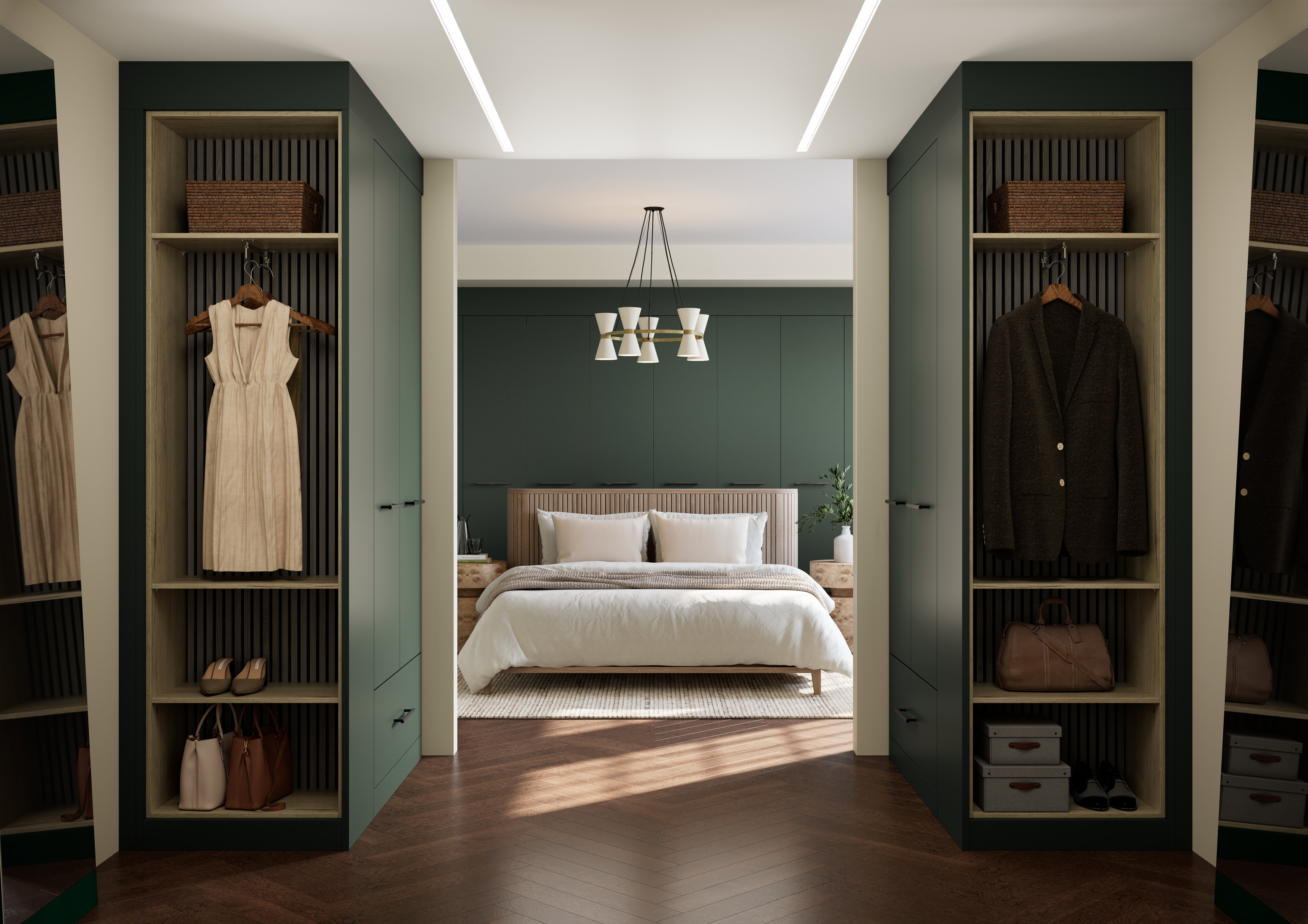dark green double bed bedroom with walk in wardrobe