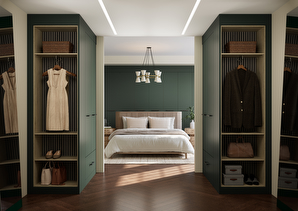 dark green double bed bedroom with walk in wardrobe