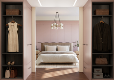 pink modern bedroom with double bed and pink walk in wardrobe