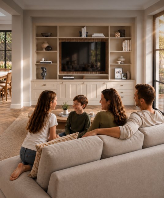 living room with a media wall and a family sat on the sofa
