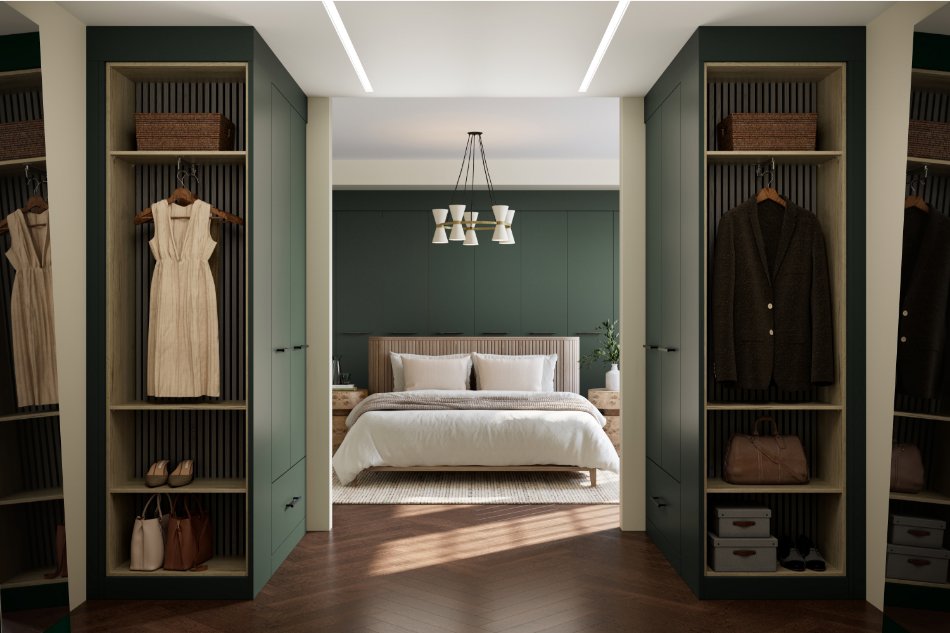 modern bedroom with dark green walk in wardrobe