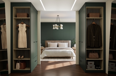 modern bedroom with dark green walk in wardrobe