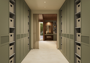 large green walk in wardrobe for bedroom