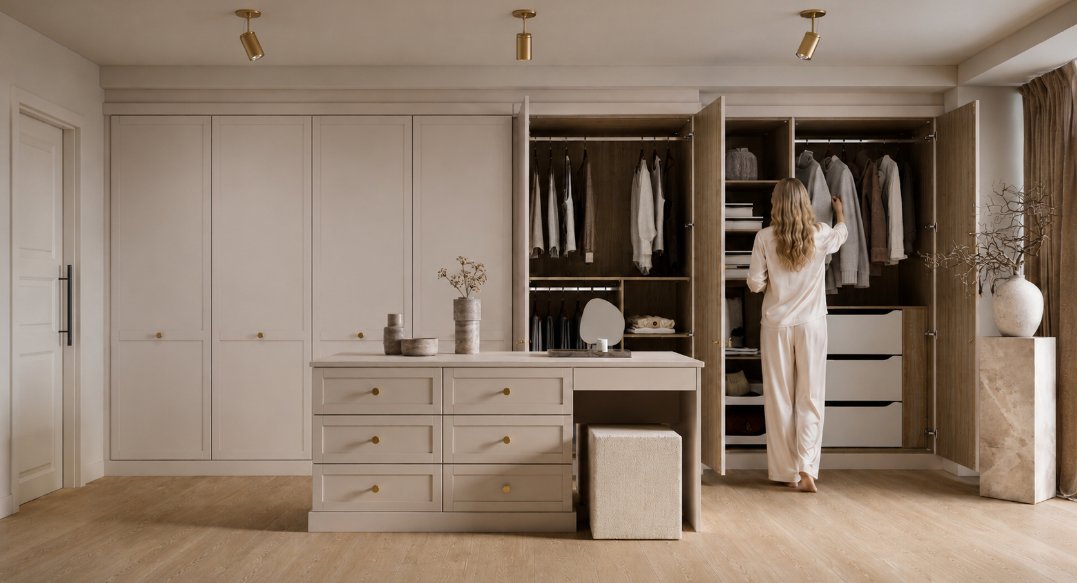 a fitted wardrobe in a room with a storage island in the middle