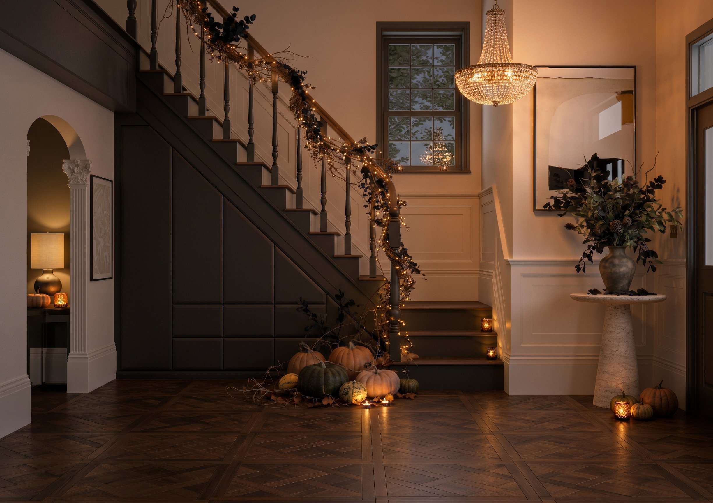 Cosy autumnal hallway with dark brown fitted storage.