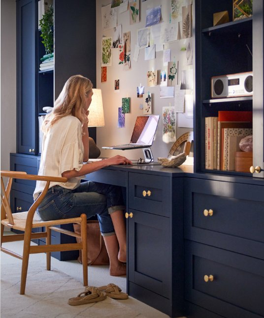 blue desk and working space with storage space