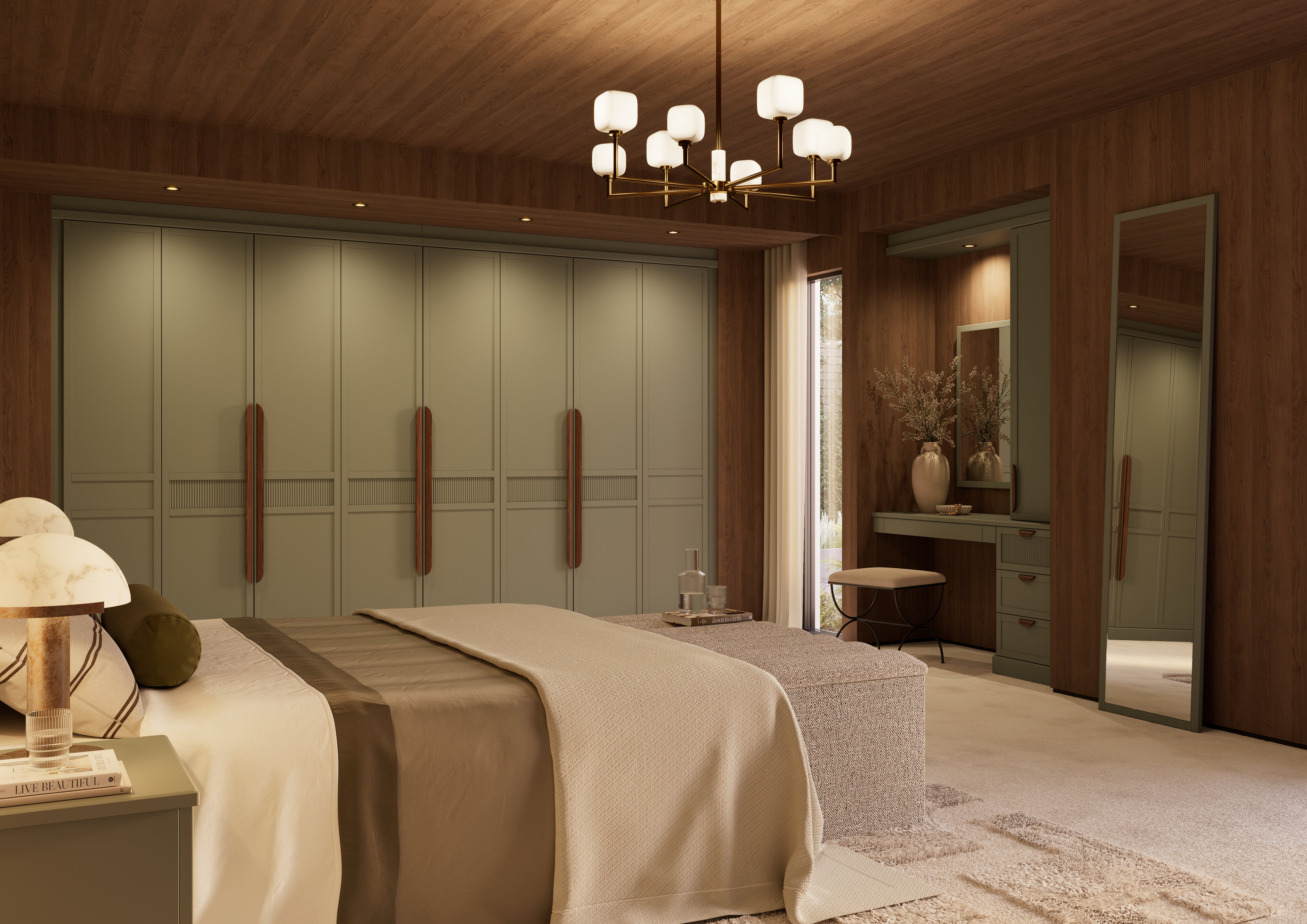 bedroom with green fitted wardrobe and standing mirror