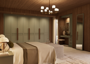 bedroom with green fitted wardrobe and standing mirror