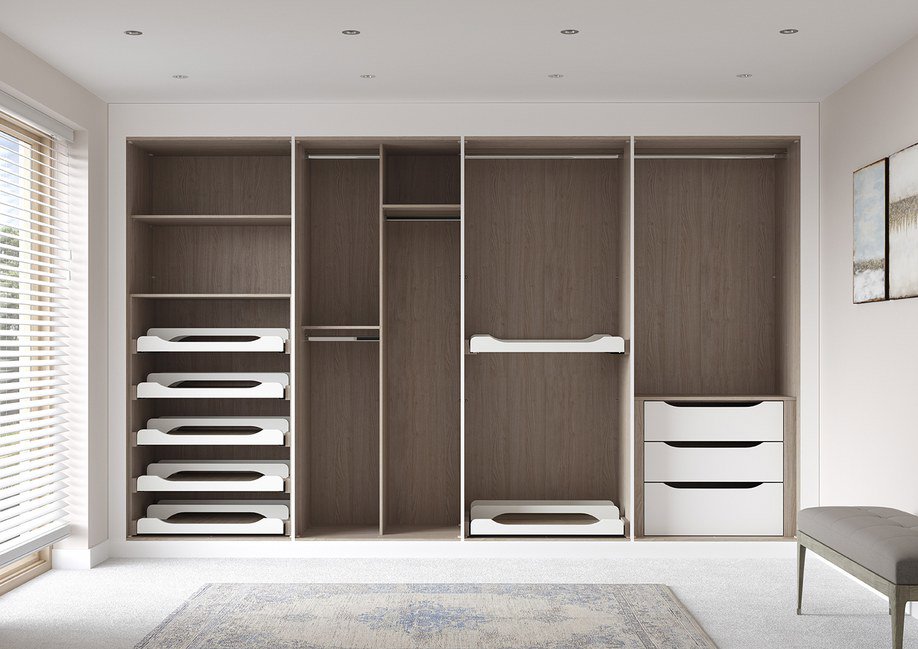 empty wardrobes with no doors show large storage space